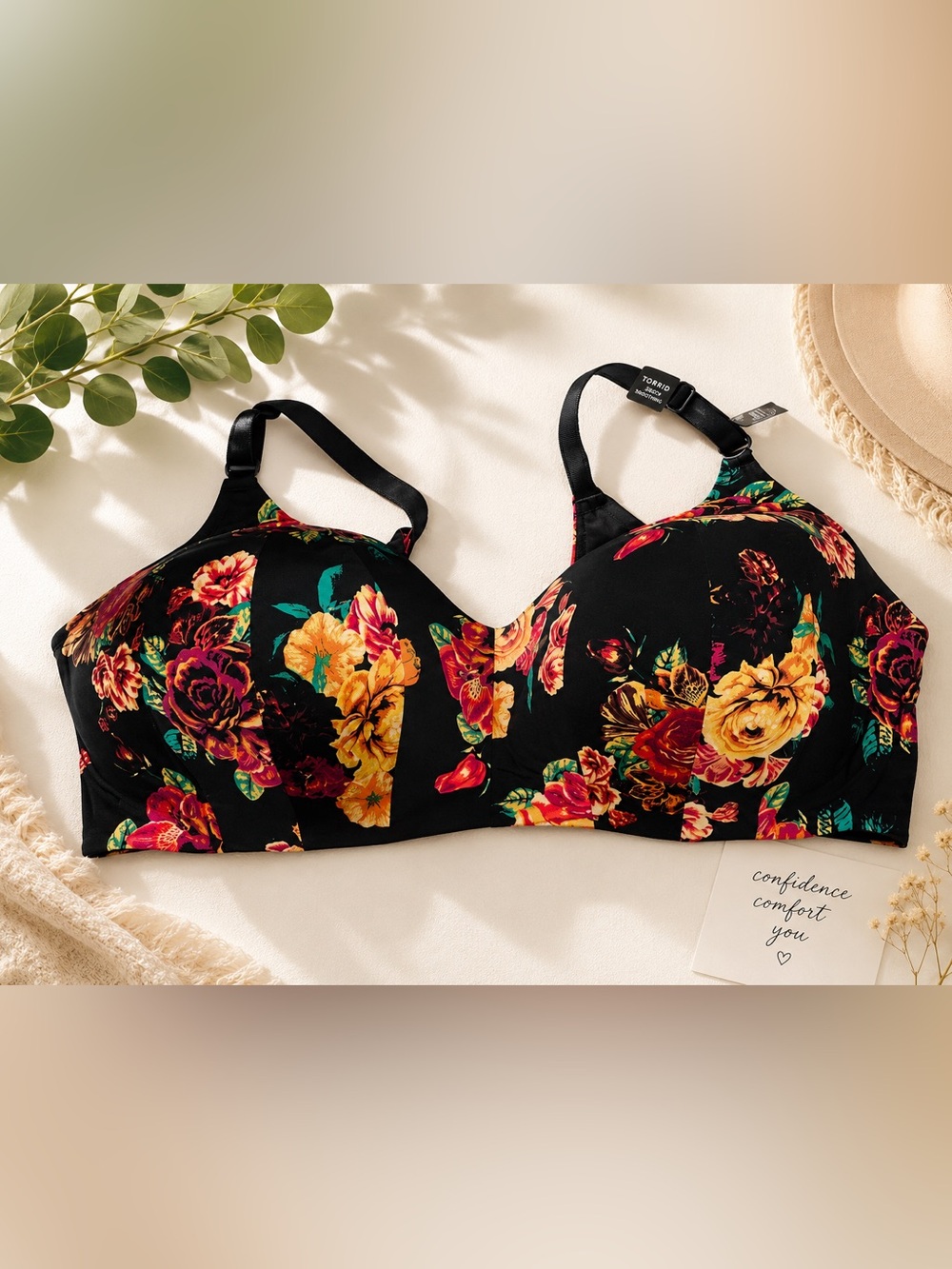 Torrid bra Back Smoothing lightly-lined full coverage bra black floral print 42c